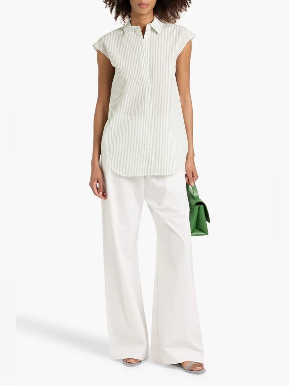 Theory Cinched Cap-Sleeve Shirt in Striped Cotton-Blend Medium